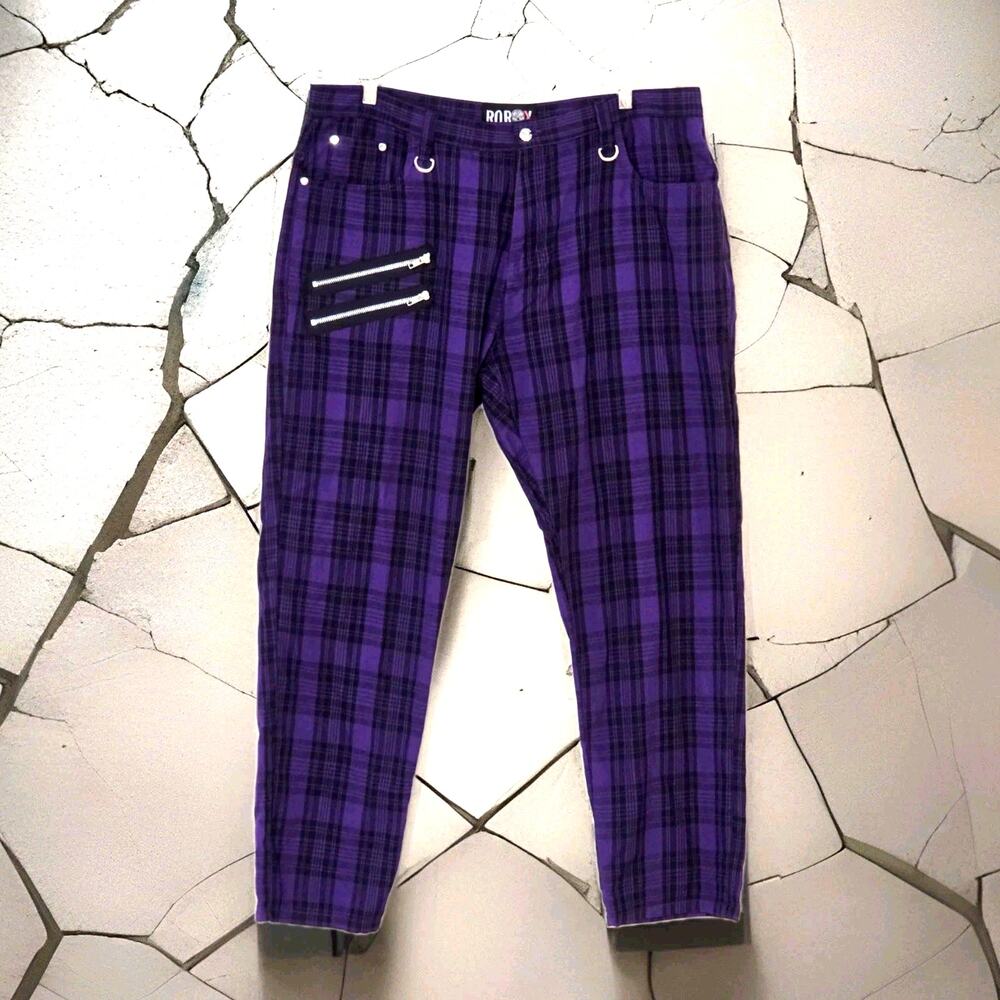 RoRox Punk Purple Plaid Check Trousers Unisex Size 40 Emo Goth 40x30 Taper Pants